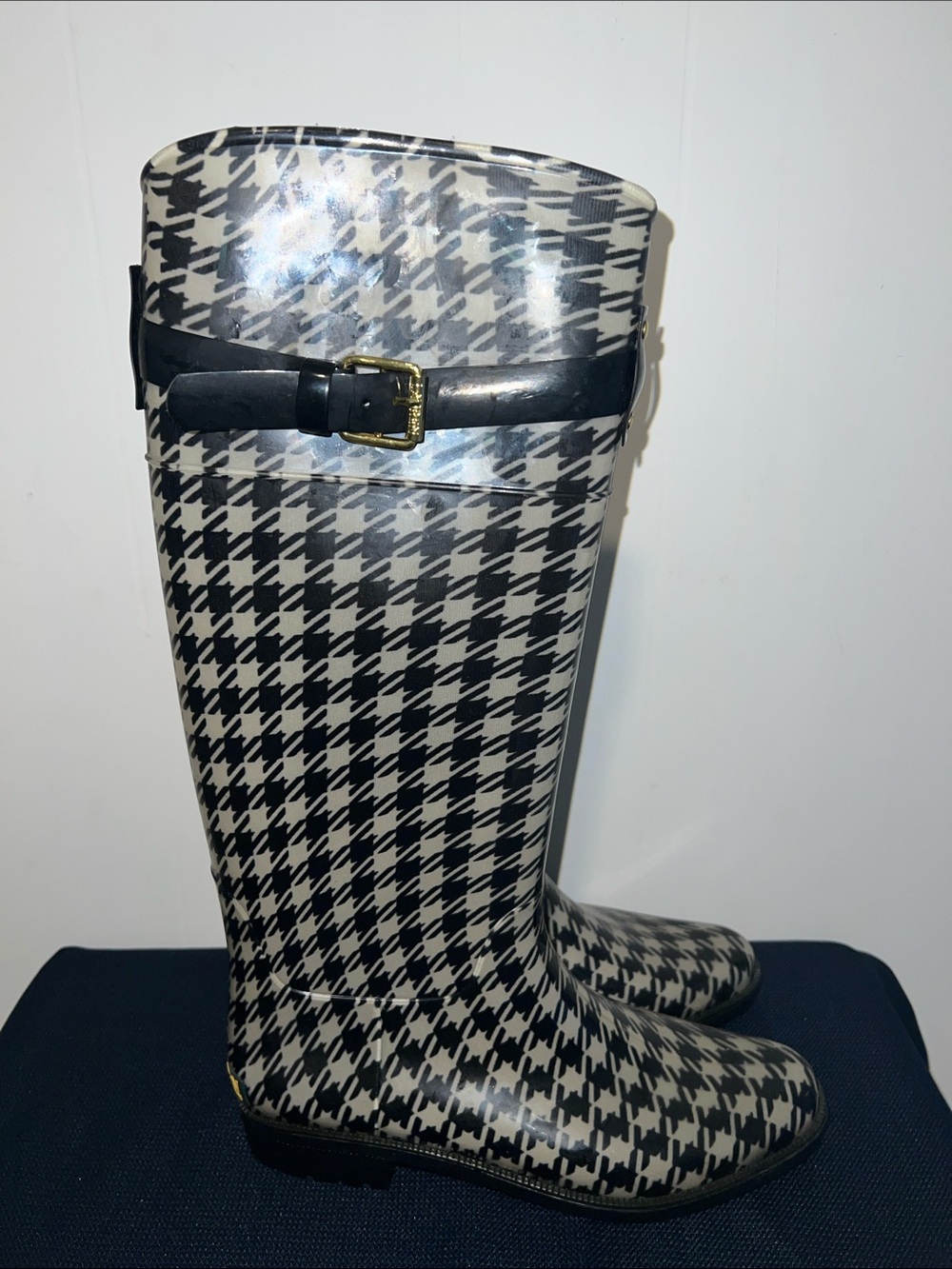 Lauren Ralph Lauren Black and White Houndstooth Knee-High Rain Boots Size 8B - Picture 2 of 8